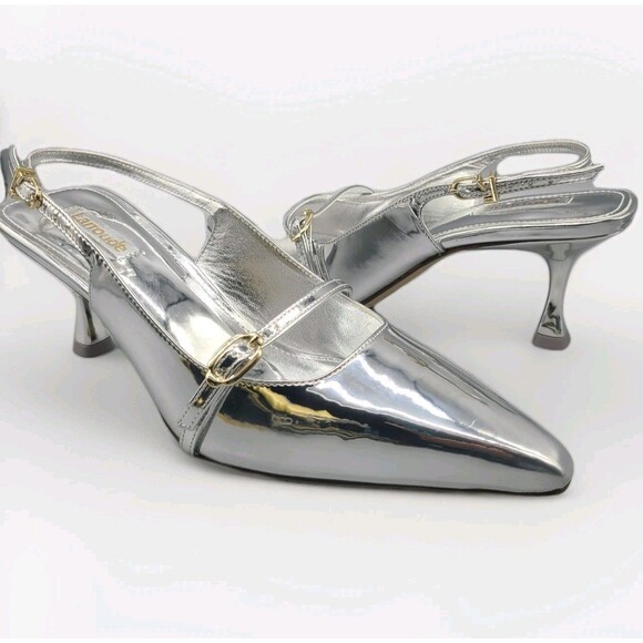LARROUDE Ines sz 9 silver mirror leather Pointed Toe...
